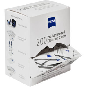 Caja de 200 paños de limpieza prehumedecidos ZEISS para lentes ópticas.