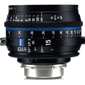 Lente cine ZEISS CP.3 XD 15mm T2.9, compacto, negro con anillo azul, marcado en pies y T.