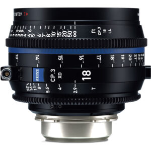 Lente ZEISS CP.3 XD 18mm T2.9 con marcas en pies y enfoque, anillo azul, montura PL.