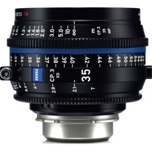 Lente prime ZEISS CP.3 XD 35mm T2.1, cuerpo negro, con marcas de apertura y enfoque, montura PL.