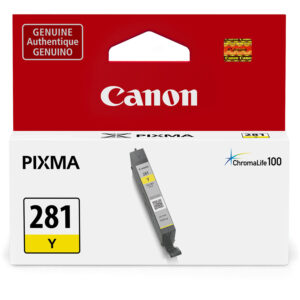 Tanque de tinta Canon PIXMA CLI-281 amarillo genuino, con empaque rojo y blanco.