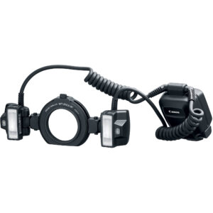 Canon MT-26EX-RT Macro Twin Lite para fotografía macro, con dos unidades de flash flexibles y unidad de control Canon.