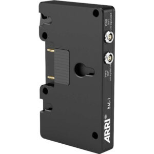 Placa adaptadora de batería ARRI BAG-1 Gold Mount negra con dos salidas de corriente sin regular.