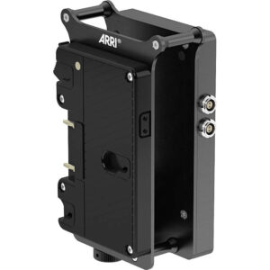Jaula adaptadora de batería ARRI BAC-G Gold Mount negra con conexiones circulares plateadas.