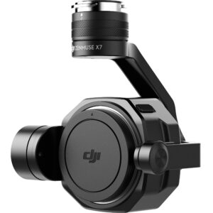Cardán DJI Zenmuse X7 negro de 3 ejes, cámara con lente desmontable, vista frontal angulada.