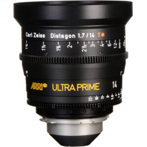 Lente ARRI Ultra Prime 14mm T1.9 negro con marcas de enfoque en pies y apertura en t.