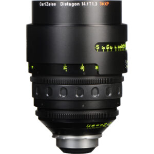 Lente ARRI Master Prime 14mm T1.3 XP en negro, con marcas de enfoque en pies y números de apertura en verde.