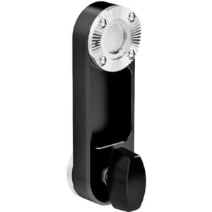 Soporte de mango corto ARRI negro con perilla de sujeción y anillo moleteado plateado.