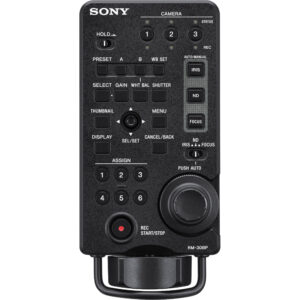 Control remoto Sony RM-30BP negro con botones y dial para cámara.