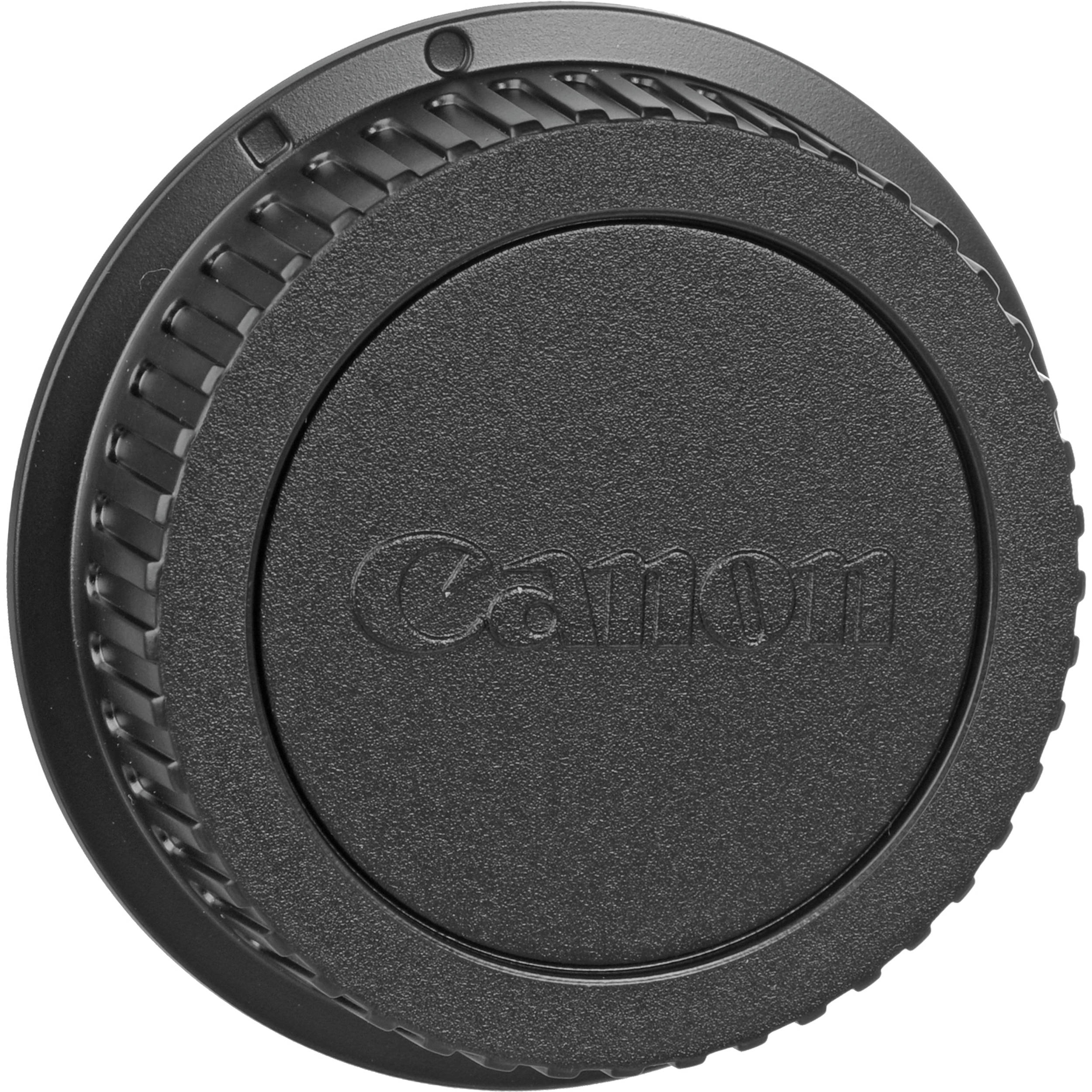 Tapa de lente Canon negra con logo en relieve, texturizada, para proteger montura EF.