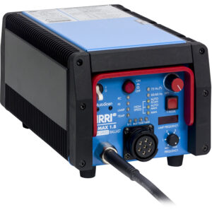 Balasto electrónico ARRI MAX 1.8 azul y negro con controles frontales y conexión múltiple.