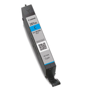 Tanque de tinta cian Canon CLI-281XXL, código de barra y etiqueta "Made in Japan".