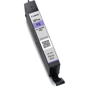 Tanque de tinta azul fotográfico Canon CLI-281XXL XXL, con etiqueta PB y QR code.