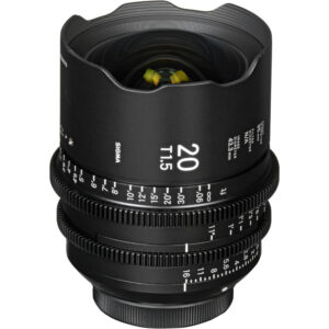 Sigma 20mm T1.5 FF Prime para Sony E, lente negro con anillos de enfoque y diafragma.