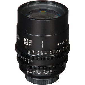 Lente Sigma 85 mm T1.5 FF Prime para Sony E-Mount, con marcas de enfoque en pies.
