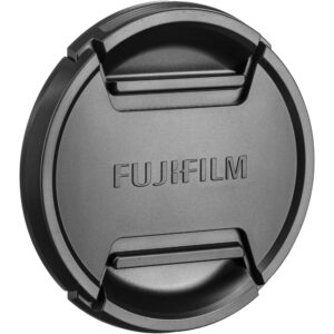 Tapa de lente FUJIFILM 77mm negra mate con logo en relieve y agarre texturizado.