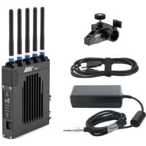 Receptor de video inalámbrico ARRI WVR-1 negro con antenas, soporte, adaptador de corriente y cables.