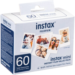 Caja de película instantánea FUJIFILM instax mini para 60 exposiciones, con demostración de fotos y texto en azul.