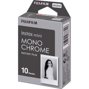 Caja de película FUJIFILM instax mini monocromática, 10 exposiciones, con foto de ejemplo.