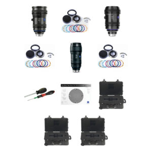 Paquete ZEISS CZ.2 con 3 lentes de cine, accesorios de montura, 2 estuches, tabla de prueba.