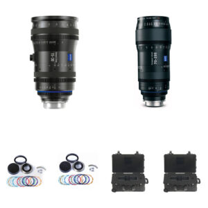 Lentes zoom ZEISS CZ.2 15-30mm y 70-200mm en estuches negros, con accesorios de montura Canon.