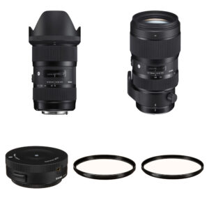 Lentes Sigma 18-35mm f/1.8 y 50-100mm f/1.8 DC HSM para Nikon, con filtros y tapa de lente.