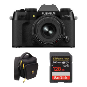 Cámara FUJIFILM X-T50 negra con lente 16-50mm, bolso y tarjeta 128GB.
