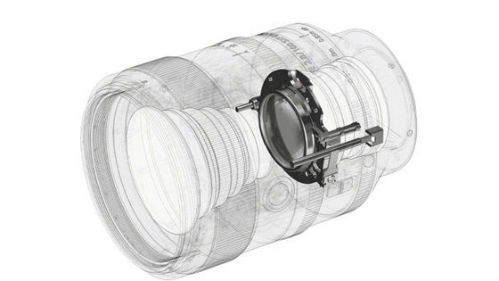 Sony FE 100mm f/2.8 STF GM OSS Lens, corte transversal que muestra mecanismo interno de diafragma.