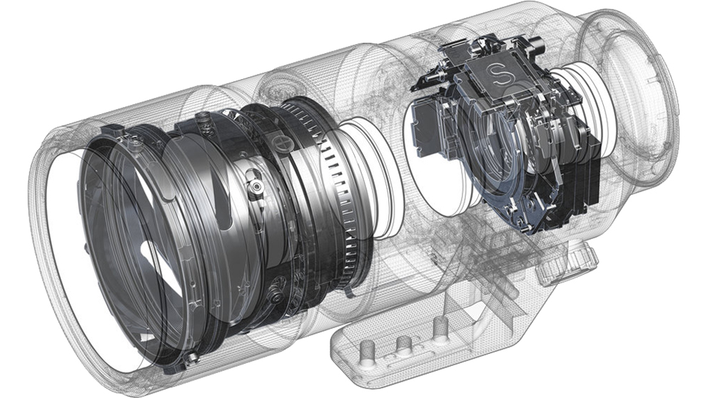 Sony FE 70-200mm f/2.8 GM OSS: corte transversal de teleobjetivo zoom con detalles mecánicos internos.